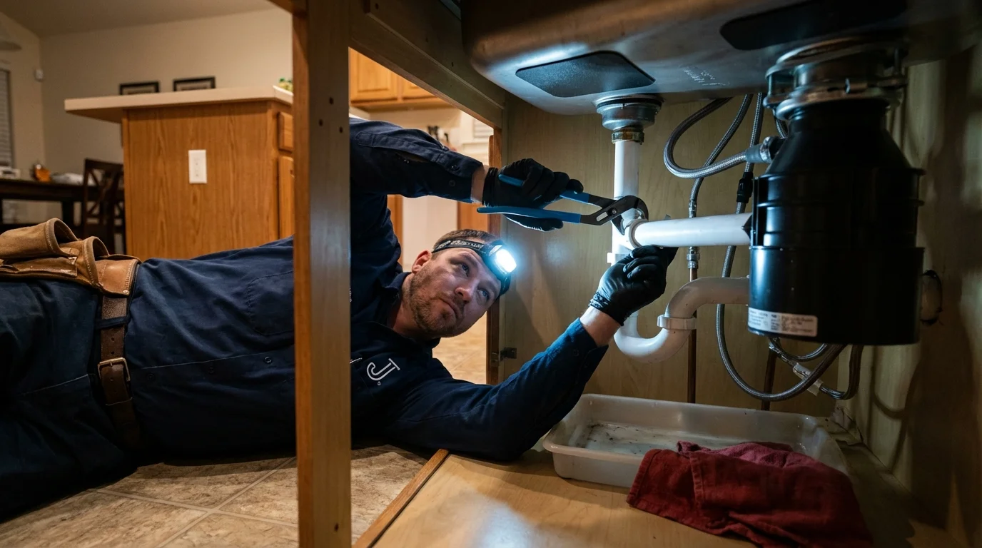 P-trap and supply line connections under a kitchen sink showing a common leak point in Winterville, NC